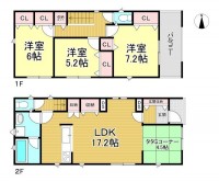  全室収納付き、1階には4.5帖の畳コーナーを備えた約17.2帖LDK。スーパー徒歩11分、コンビニ8分、ホームセンター4分、小学校徒歩10分で生活便利です。