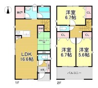  約44坪のゆとりある敷地に駐車2台可能。全室収納と洗面所納戸、トイレ2か所、畳コーナー付きLDKなど、子育て世帯にうれしい設備がそろいます。